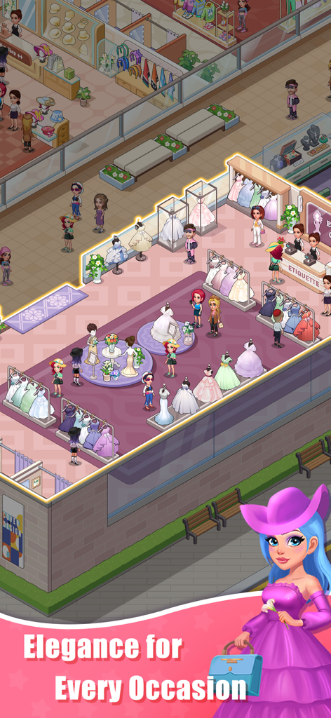 Idle Shopping Mall-Tycoon - Luxury fashion store with elegant dresses and customers in the Idle Shopping Mall Tycoon game