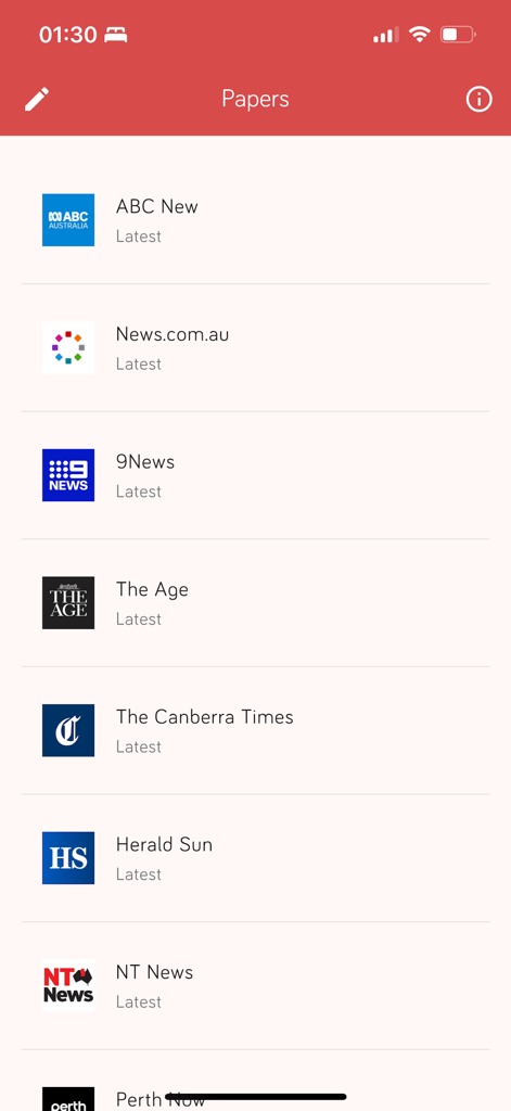 Australian Papers - Interface do aplicativo Australian Papers mostrando uma lista de fontes de notícias importantes, incluindo ABC News e The Age