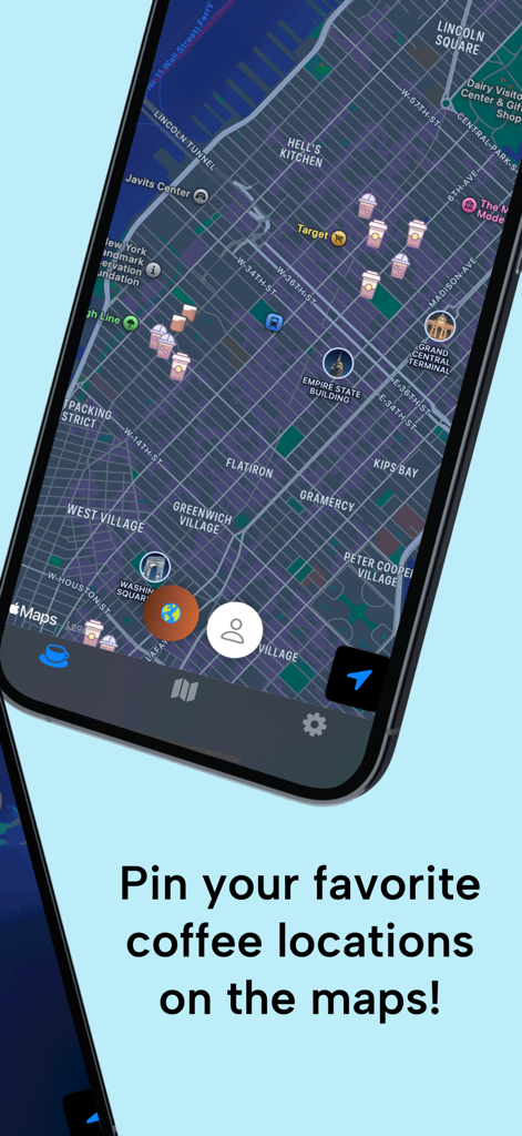 Coffee Compass: Maps & Guide - A smartphone showing a map of New York City with multiple coffee cup icons pinning different café locations