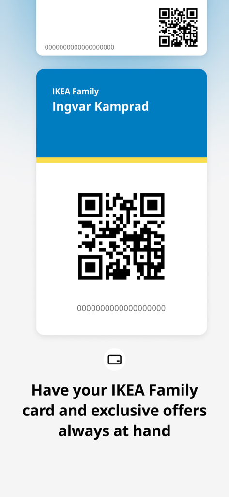 Digital IKEA Family card with a QR code for easy access to member offers in the IKEA app
