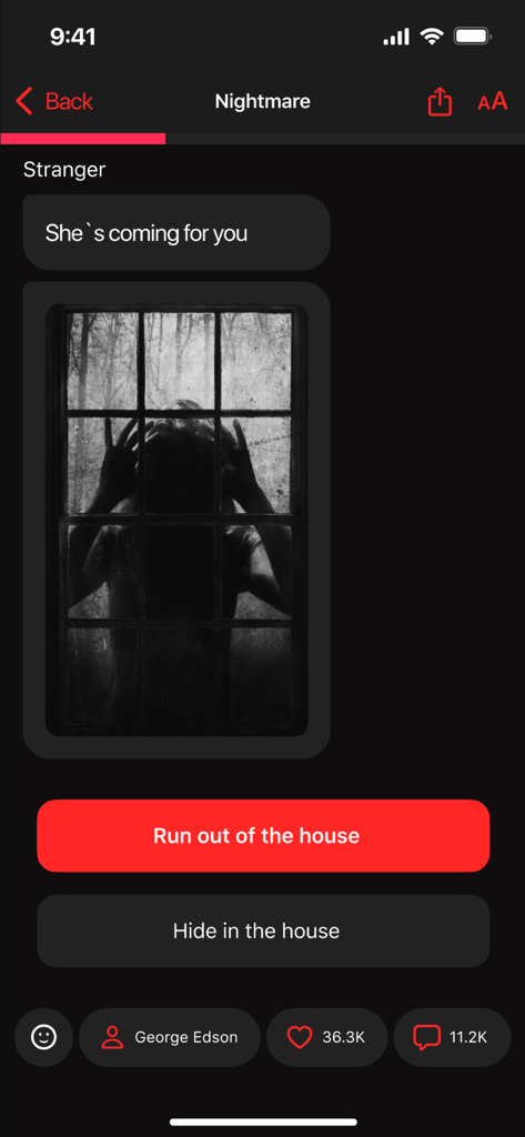 Horror Games & Chat Stories - Una schermata di storia chat horror intitolata 'Incubo' con un'immagine inquietante di una finestra e le scelte del giocatore per correre o nascondersi