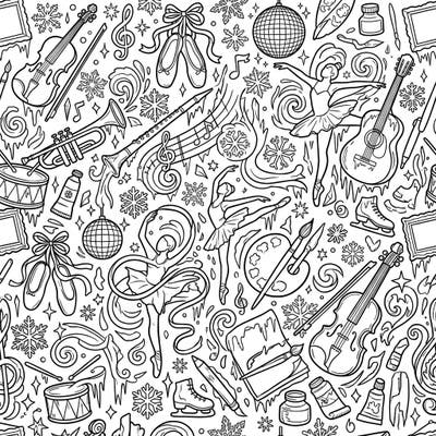 Immerse yourself in a beautiful fusion of frosty winter themes with the vibrant world of music and arts. This intricate seamless pattern is packed with instruments, dancers, and art supplies, all kissed by snowflakes and icy details.