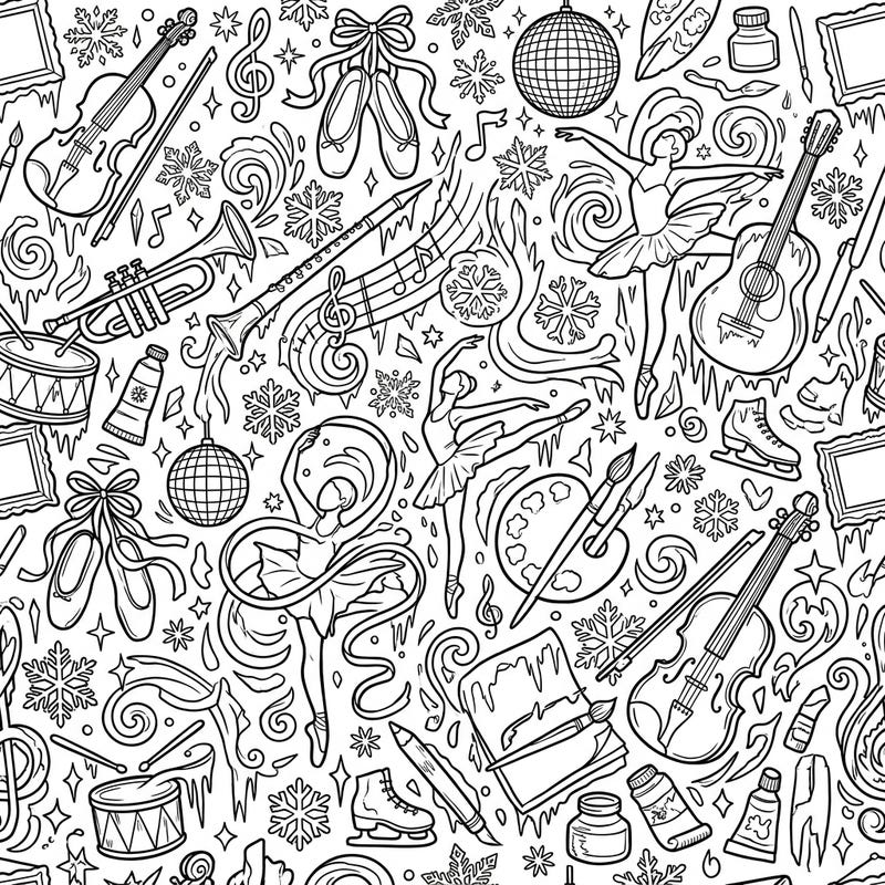 Immerse yourself in a beautiful fusion of frosty winter themes with the vibrant world of music and arts. This intricate seamless pattern is packed with instruments, dancers, and art supplies, all kissed by snowflakes and icy details.