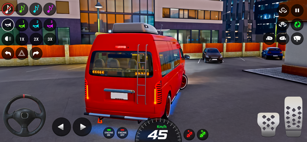 Dubai Van Simulator Game 3D - A red van driving in a city parking lot with realistic steering and pedal controls in Dubai Van Simulator Game 3D