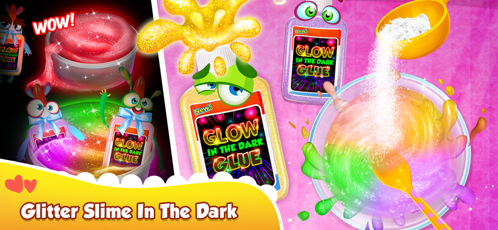 Glitter Slime Maker - A colorful scene showing how to mix rainbow glitter slime with glow in the dark glue