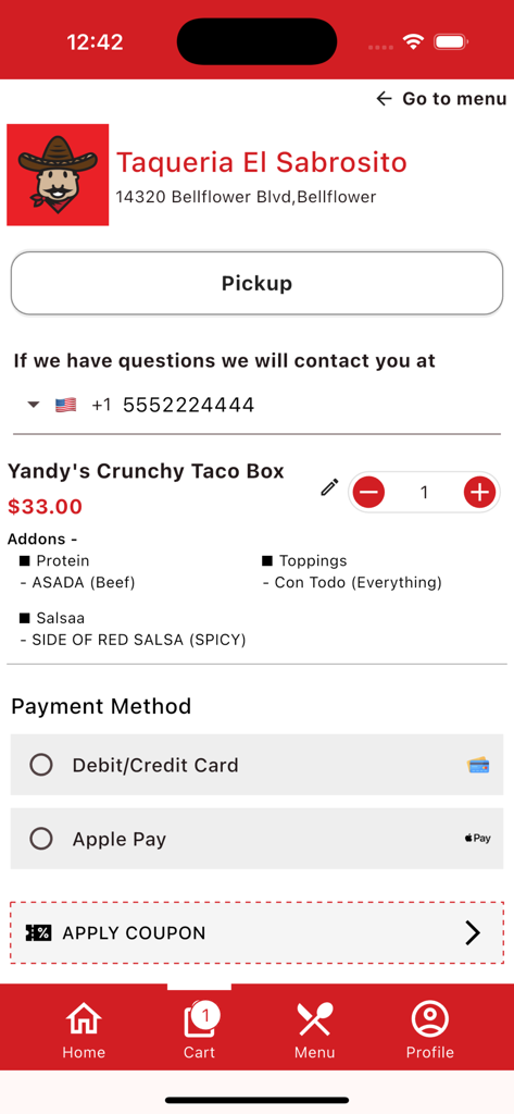 Tela de checkout do aplicativo Taqueria El Sabrosito mostrando um pedido de caixa de taco crocante para retirada com opções de pagamento Apple Pay e cartão