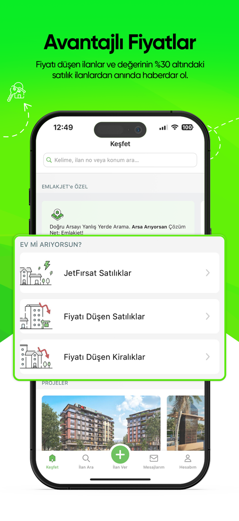 Emlakjet: Emlak Ara & İlan Ver - Screenshot of the Emlakjet app showcasing real estate deals and price-dropped listings in Turkey.