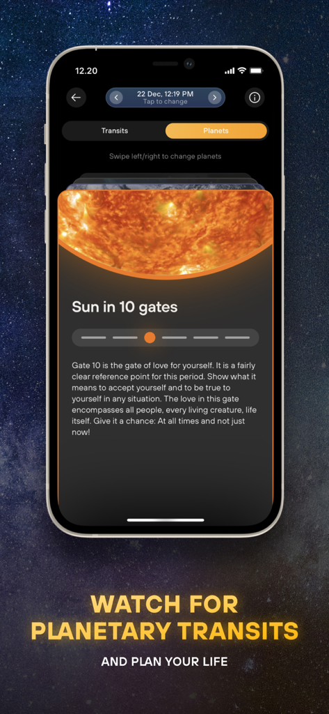 Humanify - Human Design - Smartphone screen displaying planetary transits for human design showing sun in gate ten