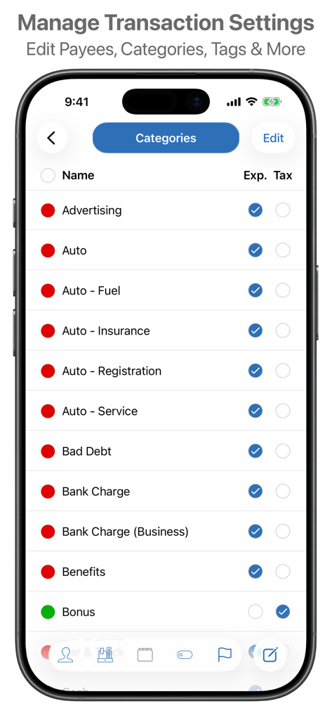 SEE Finance 3 Mobile - SEE Finance 3 Mobile app transaction category management screen showing various expense and tax settings