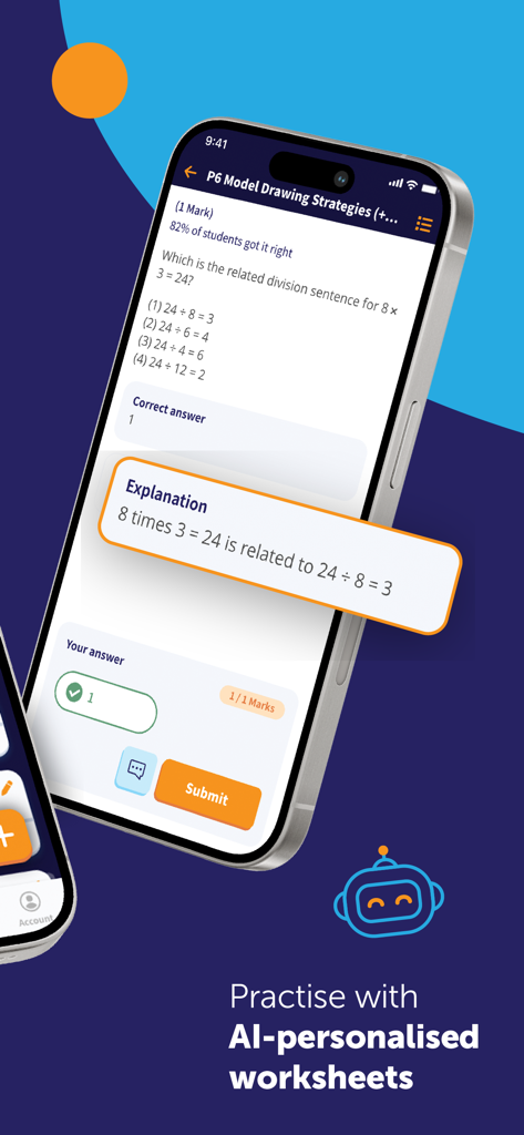 Geniebook: Online Learning App - Geniebook app interface showing a math problem on an AI personalized worksheet with a detailed explanation