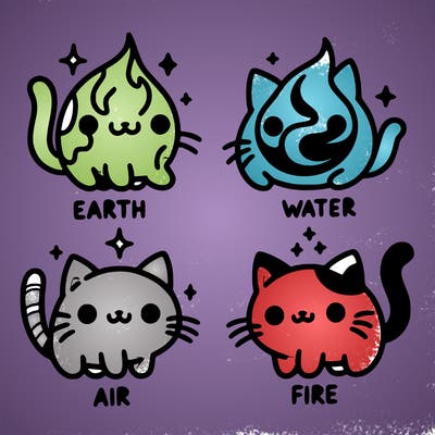4 cats that represent the different elements, earth, water, air, and fire