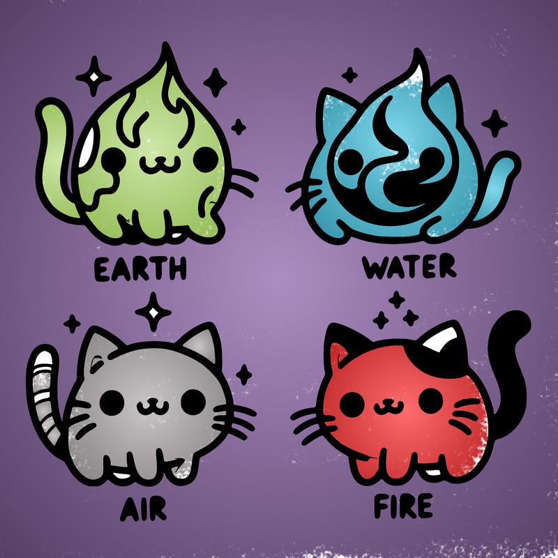 4 cats that represent the different elements, earth, water, air, and fire