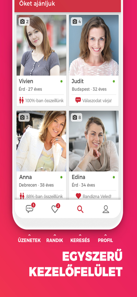 Cronos - Társkeresés könnyedén - Interface of the Cronos dating app showing recommended female profiles and navigation icons in Hungarian.