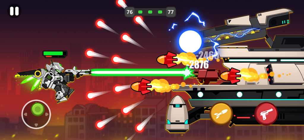 Mech Warrior: Battle Game - Mech warrior firing a green laser at a large boss vehicle in a city during a battle