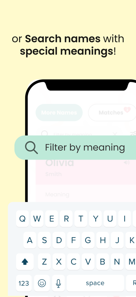 Baby Name Match - Eine mobile Benutzeroberfläche, die die Such- und Filterfunktion nach Bedeutung in der Baby Name Match App zeigt.
