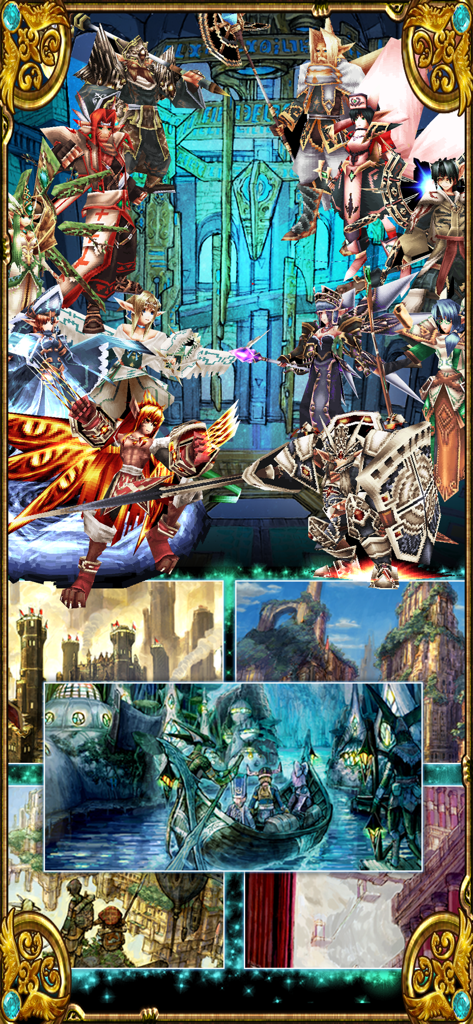 RPG IRUNA Online MMORPG - A collage showing diverse character classes and various fantasy world locations in RPG Iruna Online