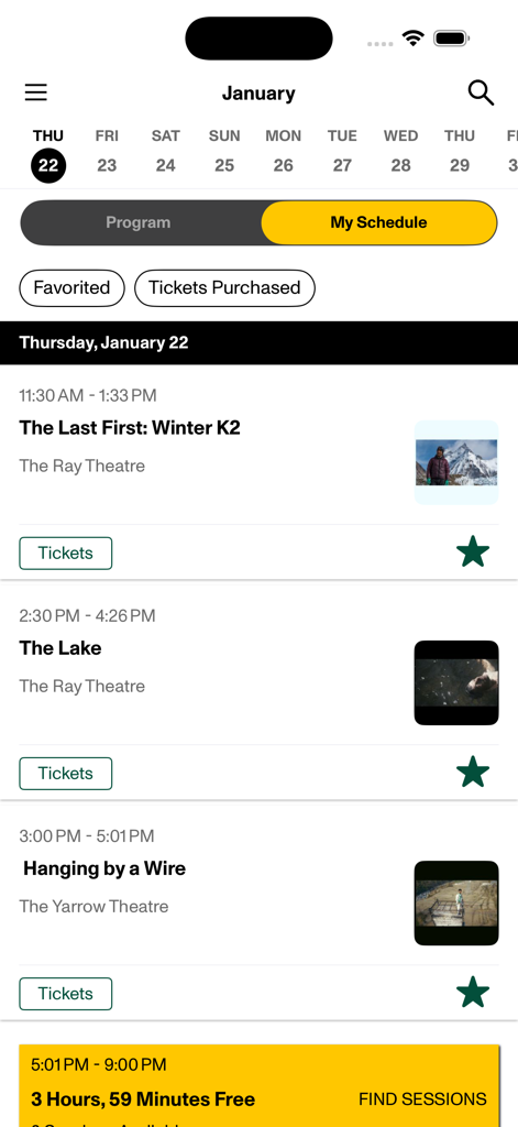 Sundance Film Festival 2026 - 2026 선댄스 영화제의 개인별 일일 영화 상영 일정 표시 모바일 앱 화면.