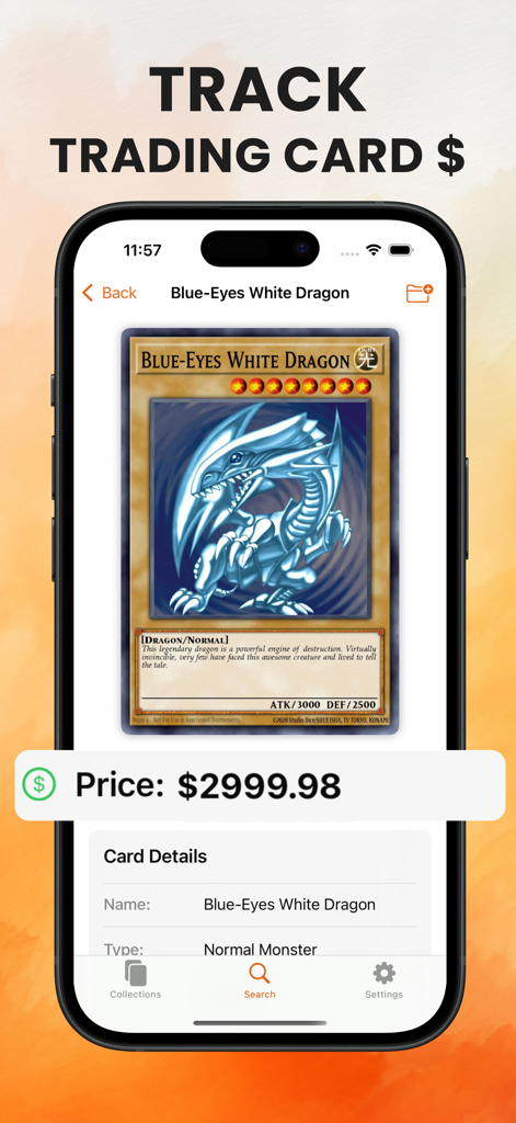 Card Scanner For Yugioh! - Uno schermo di un'app mobile che mostra l'alto valore di mercato di una carta del Drago Bianco Occhi Blu.