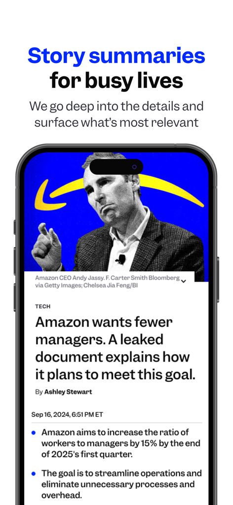 Interfaccia dell'app mobile di Business Insider che mostra un articolo di notizie con riassunti puntati per una lettura veloce.