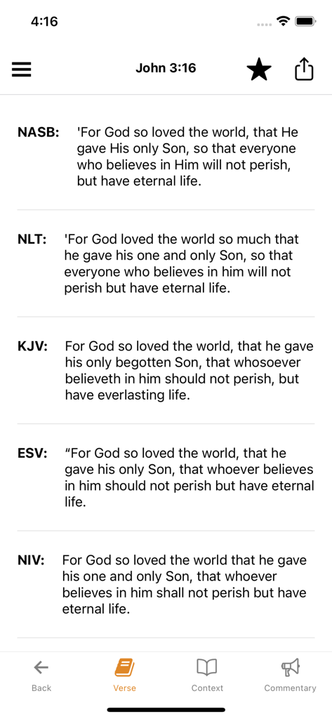 Comparison of John 3:16 across multiple Bible translations in the BibleRef app.