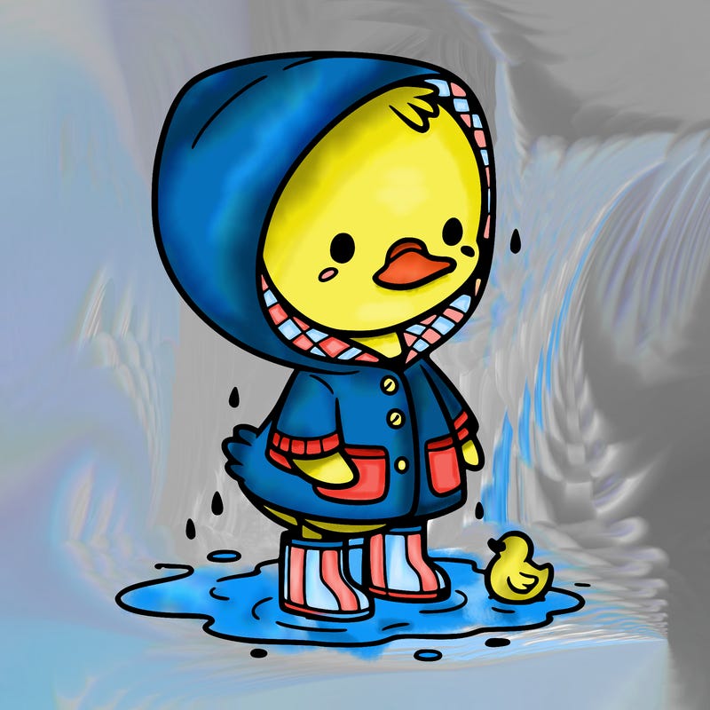 baby duck in a rain coat and boots, in a puddle while it’s raining