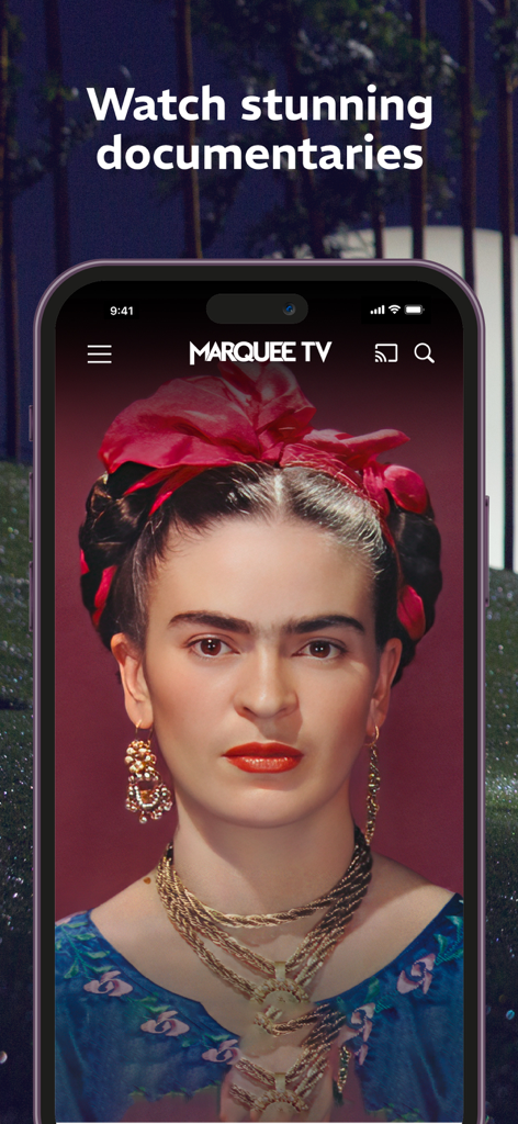 Marquee TV app interface showcasing art documentaries on a mobile device