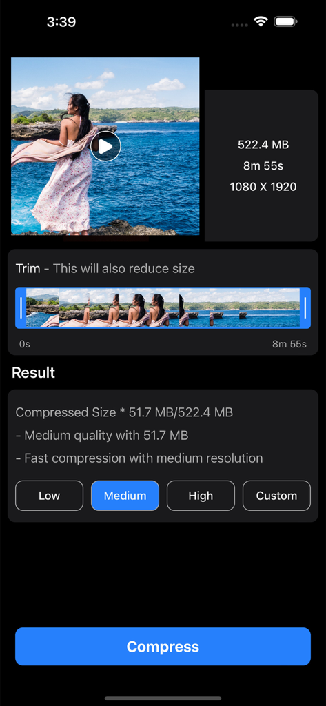 Video Compressor: Resize Video - Interface of the Video Compressor app showing a video being resized from 522MB to 51MB with trimming and quality selection options.