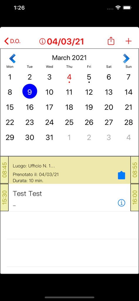Doctor's Office 2021 - Monatliche Kalenderansicht und Terminplanungs-Oberfläche in der Doctor's Office 2021 medizinischen App.