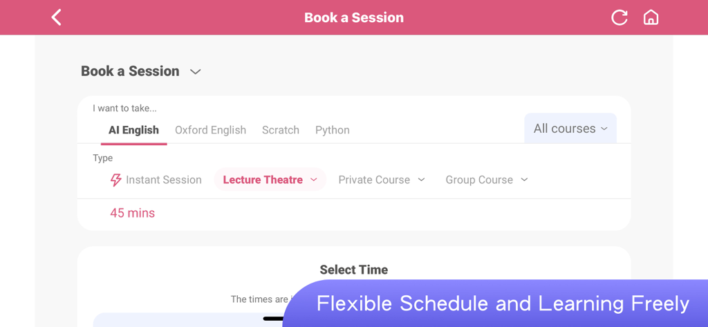 TutorABC Junior - Interface for booking online English and coding classes with flexible scheduling