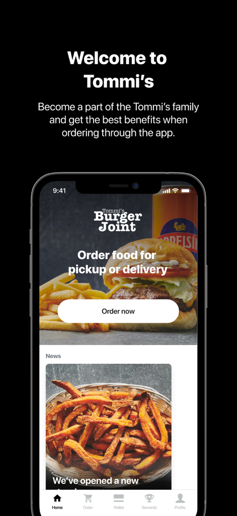 Tommi's Burger Joint - Tommi's Burger Joint mobile App Willkommensbildschirm mit Optionen für Essensabholung und Lieferung