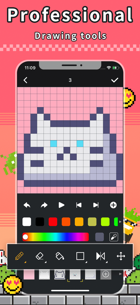 A smartphone showing the professional pixel art drawing tools interface with a white cat design on a grid