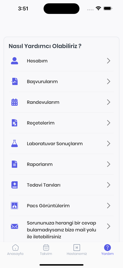 Cep Hastane - Navigation menu of the Cep Hastane app showing options for medical records appointments and help in Turkish