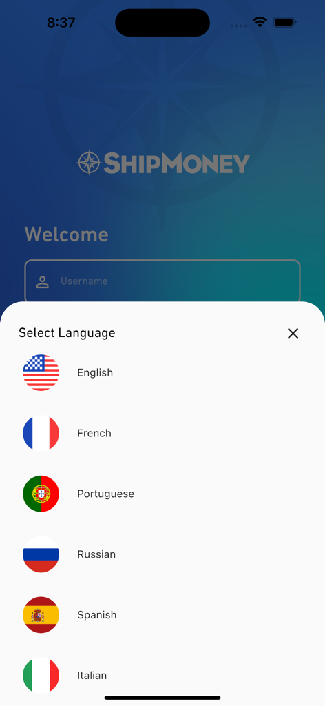 Language selection screen in the ShipMoney mobile app showing flags for different languages