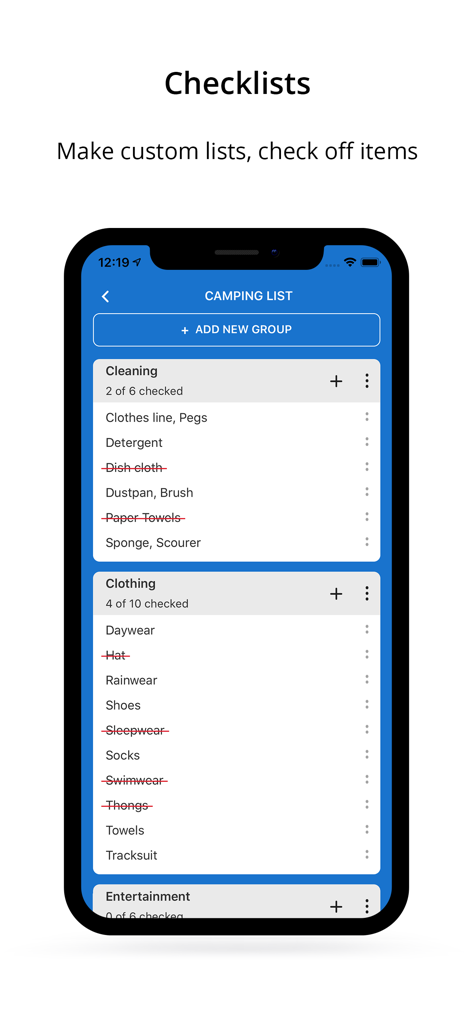 WikiCamps UK - A screenshot of the WikiCamps UK app showing the custom camping checklist feature.