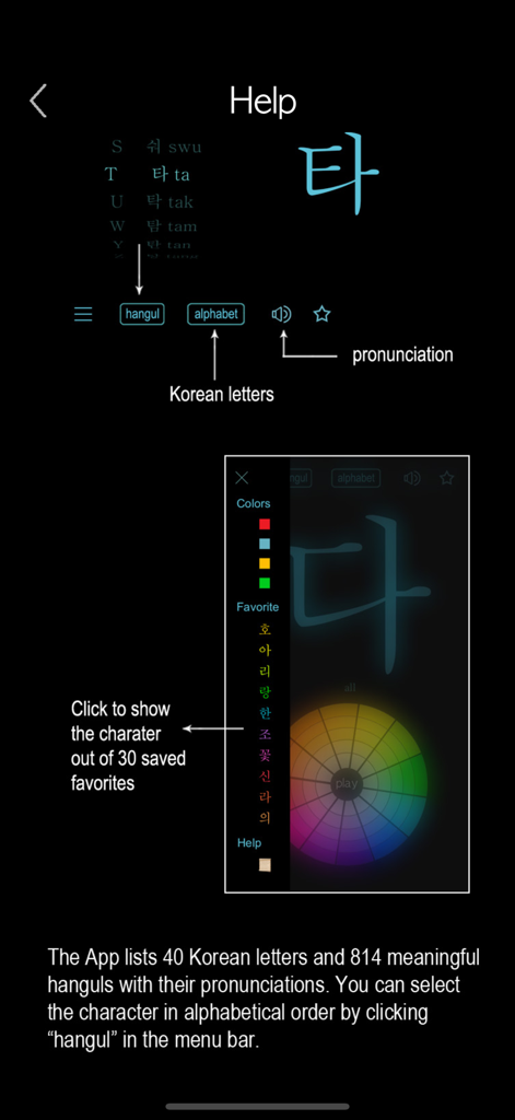 Learn Korean Handwriting ! - Instructional help screen showing user interface features like pronunciation guides and favorites for learning Korean characters