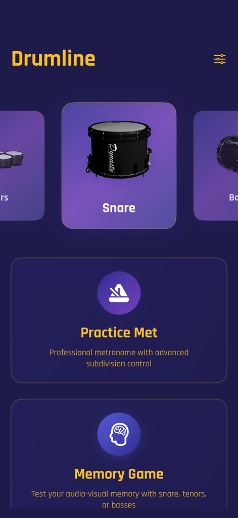 Drumline - Main menu of the Drumline app showing snare drum selection and practice tools