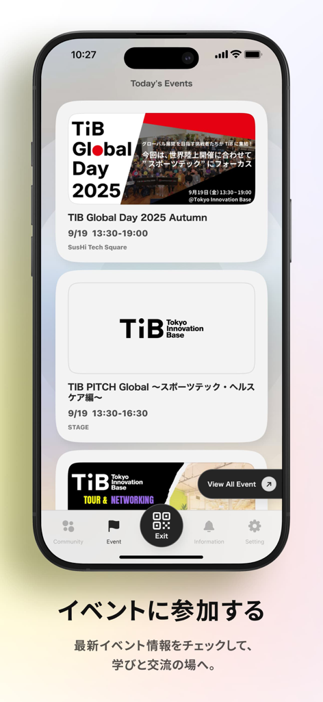A mobile interface of the Tokyo Innovation Base app displaying a list of upcoming tech events and networking sessions for startups.