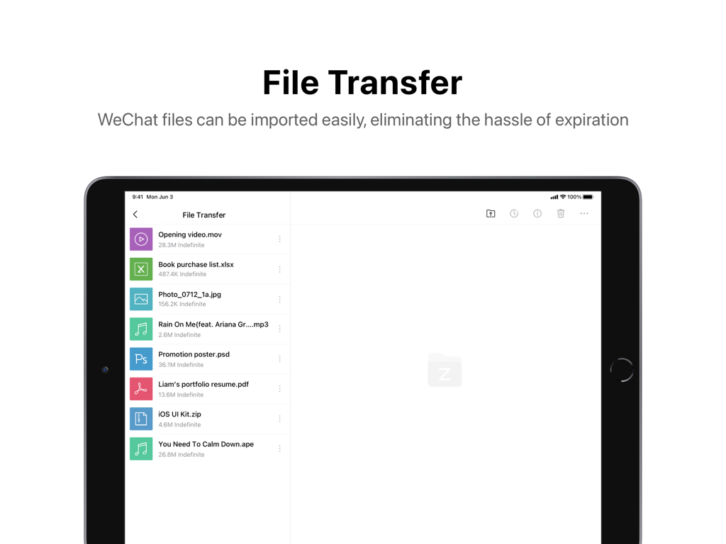 Interfaz de transferencia de archivos de QQ Mail HD en iPad que muestra una lista de documentos y archivos multimedia.