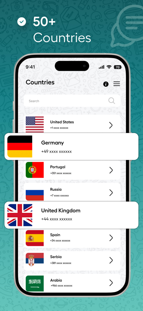 Interfaz de la aplicación SimWa mostrando una lista de países disponibles para números virtuales, incluyendo EE. UU., Alemania y Reino Unido