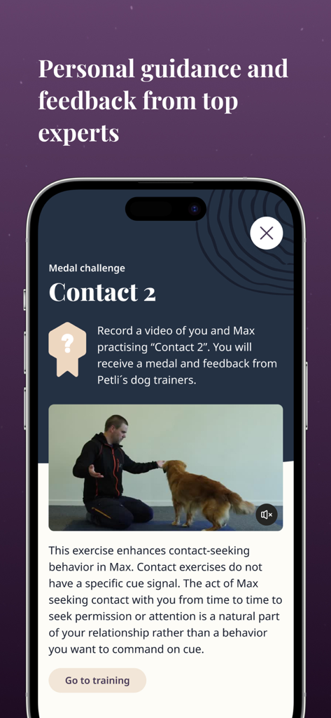 Petli:Dog Training & Community - Mobile app interface for Petli dog training featuring personal coaching and video feedback