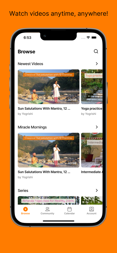 Akhanda Yoga Online - Akhanda Yoga Online mobile app interface displaying a library of traditional yoga classes and mantras.