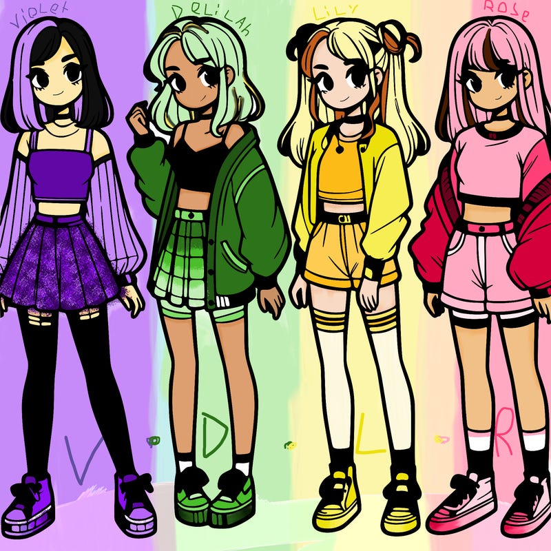 one girl with crop-top shirt and a jacket with a skirt, long socks and another girl with a shirt and pants with a jacket