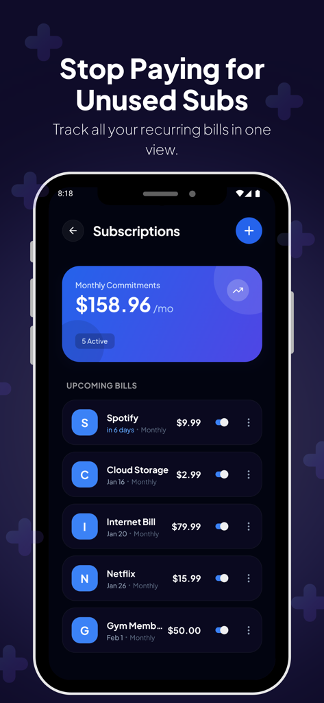 BudgetPal app screen showing monthly subscription tracking and recurring bills list