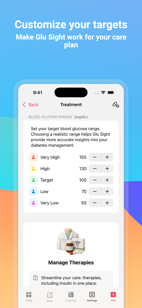 Interfaz para personalizar los rangos objetivo de glucosa en sangre en la aplicación Glu Sight.