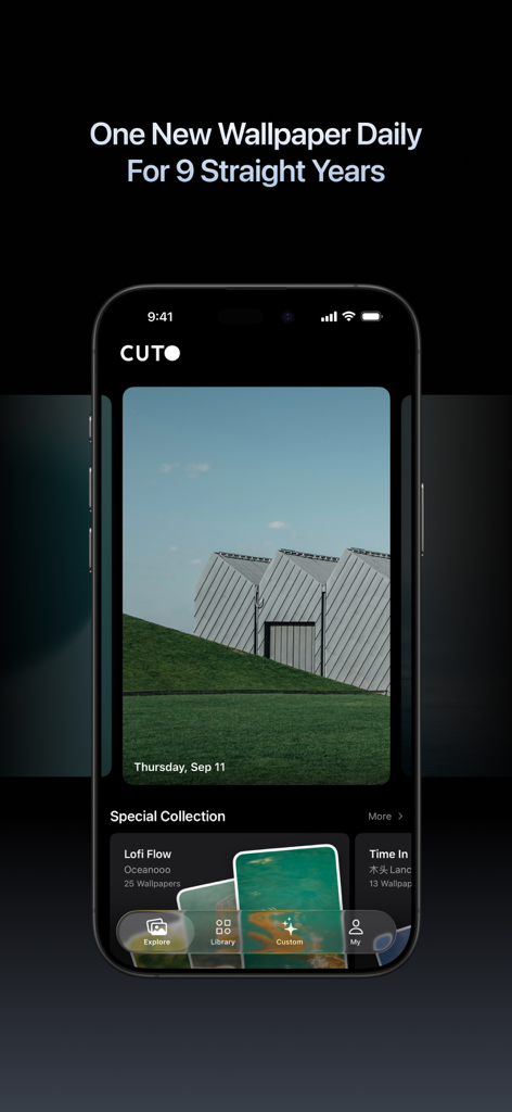 Cuto Wallpaper app interface showing a daily hand picked minimalist image on an iPhone