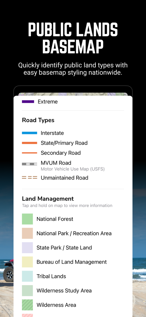 Trails Offroad: Offline Maps - A screenshot of the Trails Offroad app displaying a legend for public land types and road classifications like unmaintained roads and national forests.