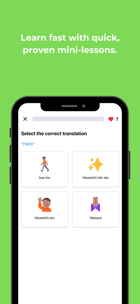 A screenshot of the Asalei app showing a quick translation mini-lesson with options to translate the word Hello into an Indigenous language.