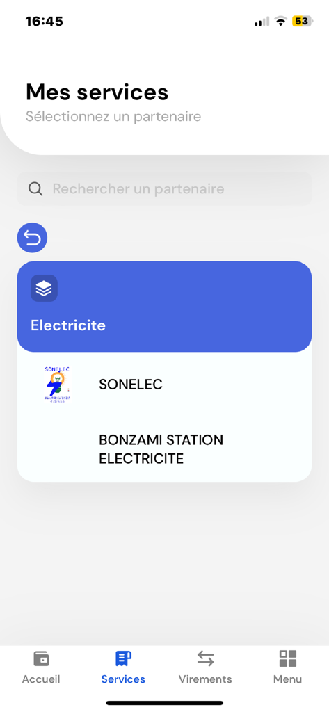 Tela de serviços do aplicativo HOLO mostrando opções de pagamento de eletricidade para SONELEC.