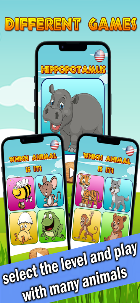 Diferentes juegos de adivinanza de animales en pantallas de móviles para niños que aprenden