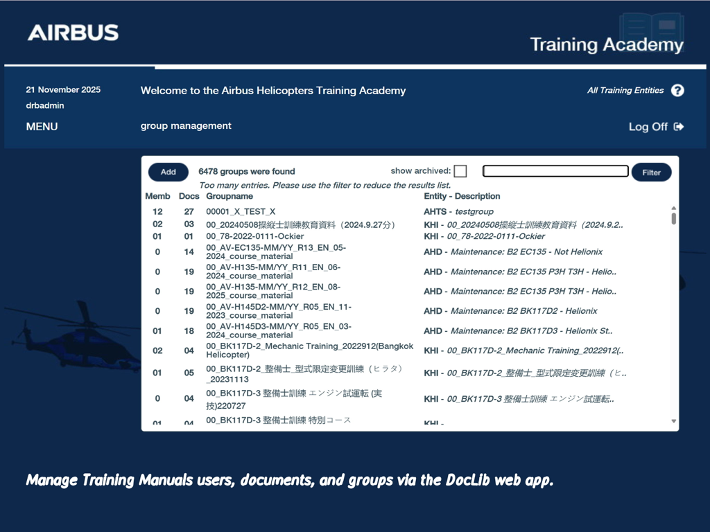 Airbus Helicopters Training Academy DocLib group management interface showing document and member lists for various helicopter models